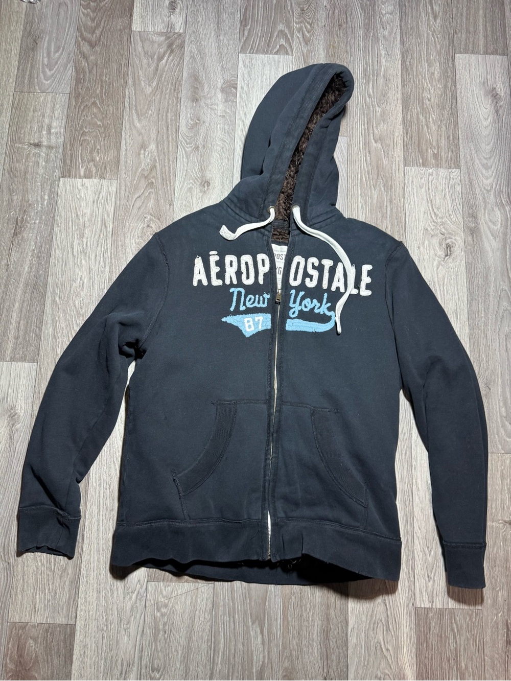 Vintage Y2K Aeropostale New York Fur Lined Zip Up Hoodie Distressed Size Large